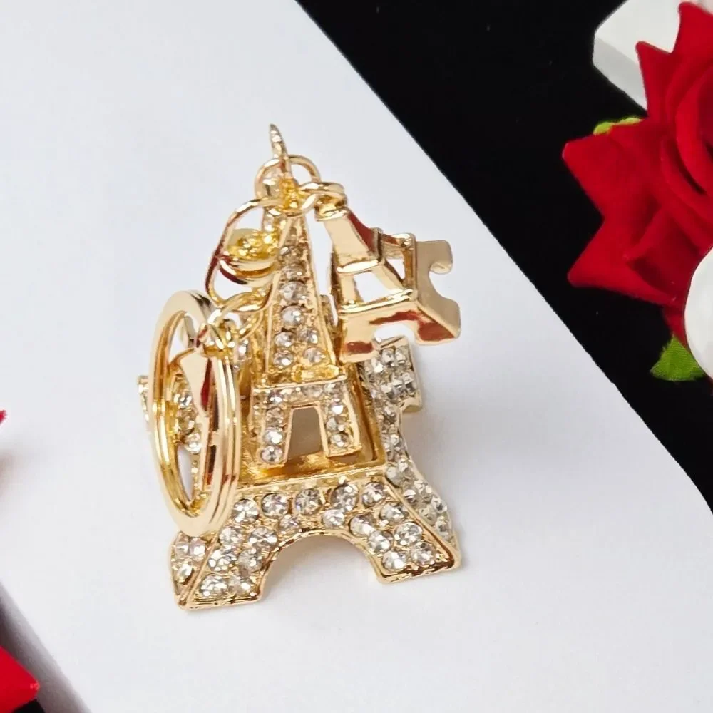 Gold Rhinestone Eiffel Tower Keychain Paris Charm Statement Bag Clip Accessory